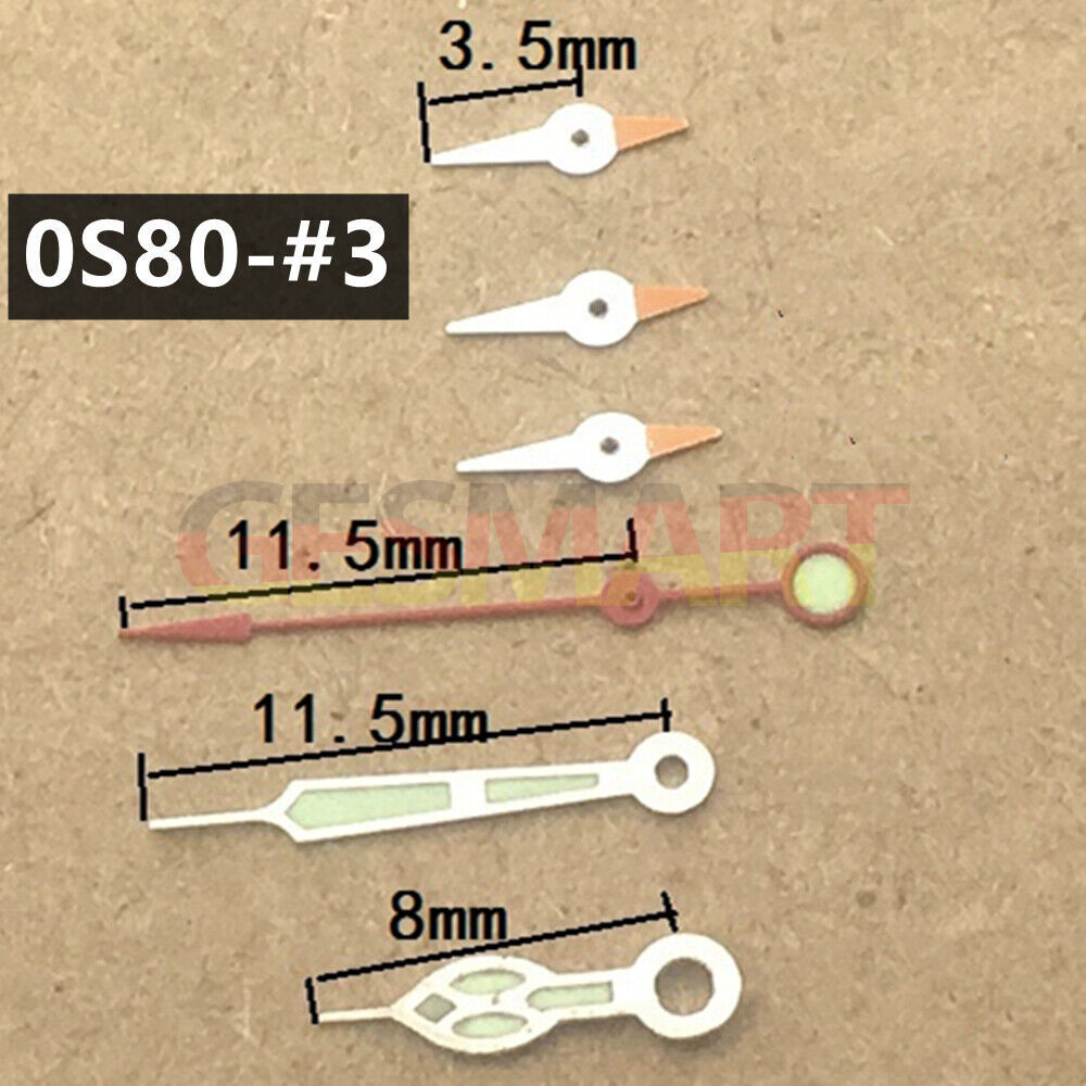 Red 11.5mm silver trimmed green luminous watch hands for Miyota 0S80 movement, ideal for night visibility.