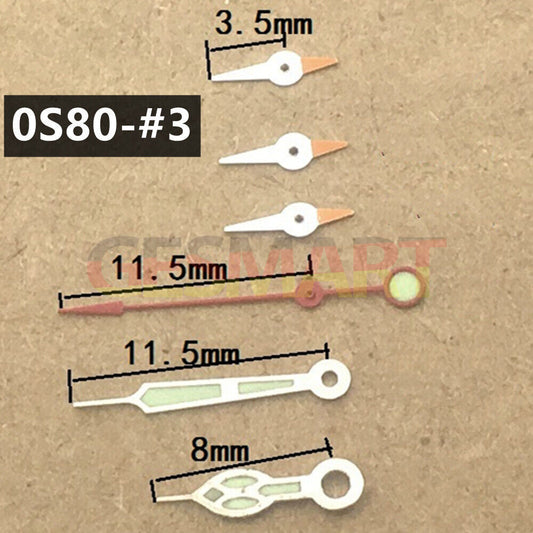 Red 11.5mm silver trimmed green luminous watch hands for Miyota 0S80 movement, ideal for night visibility.