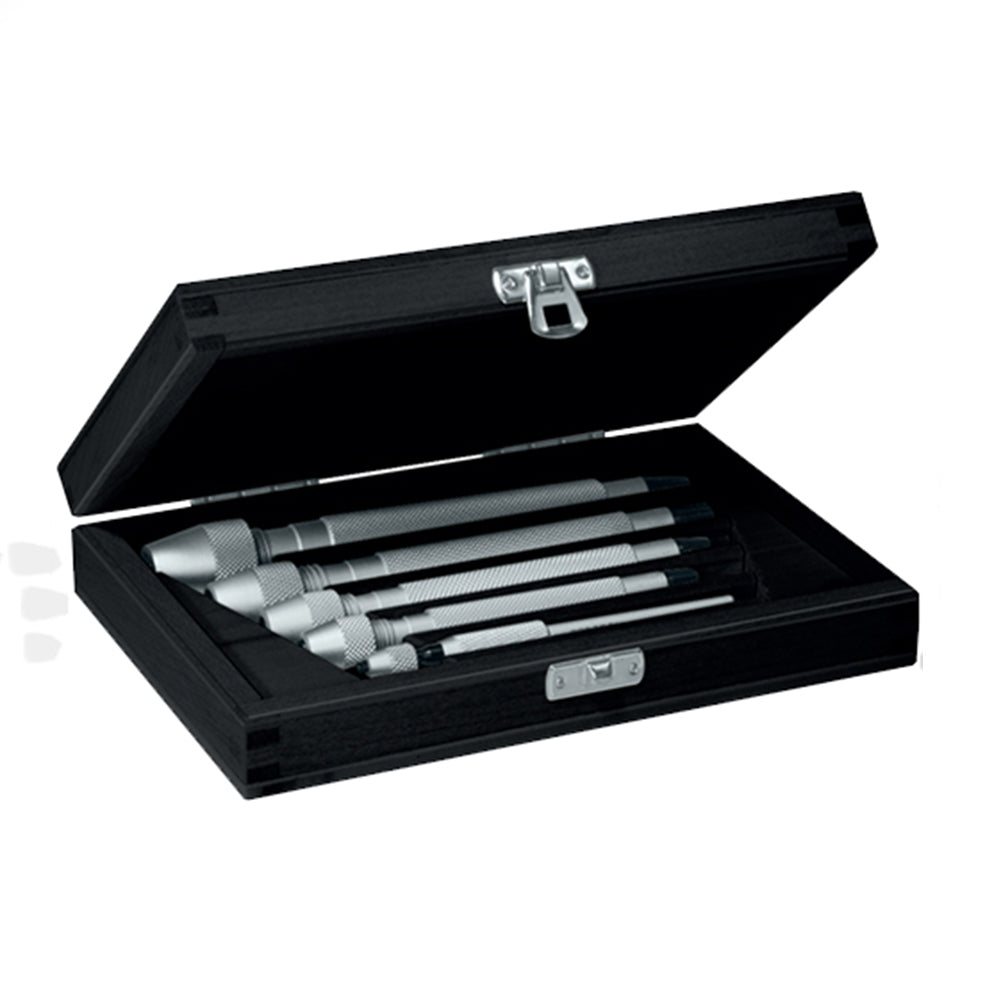 Bergeon 30026-A set of 5 hardened steel pin vices in wooden box for precise watch repair tasks.
