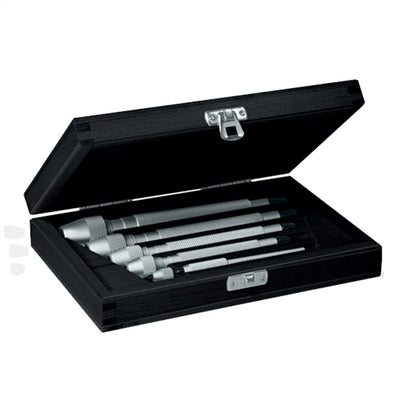 Bergeon 30026-A set of 5 hardened steel pin vices in wooden box for precise watch repair tasks.