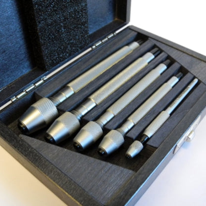 Bergeon 30026-A set of 5 steel pin vices in wooden box for precise watch repair tools.