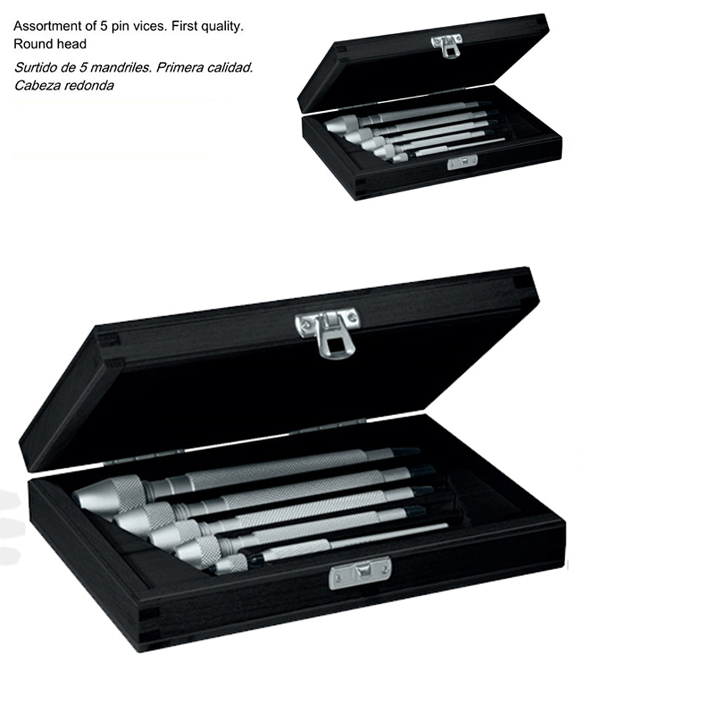 Bergeon 30026-A set of 5 hardened steel pin vices in wooden box for precise watch repair tasks.