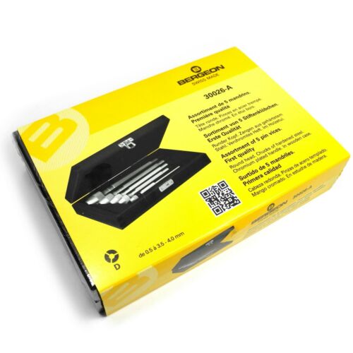 Bergeon 30026-A set of 5 hardened steel pin vices in wooden box for watch repair precision.