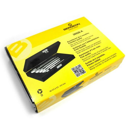 Bergeon 30026-A set of 5 hardened steel pin vices in wooden box for watch repair precision.