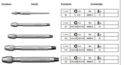 Bergeon 30026-A set of 5 hardened steel pin vices in wooden box for precise watch repair tasks.