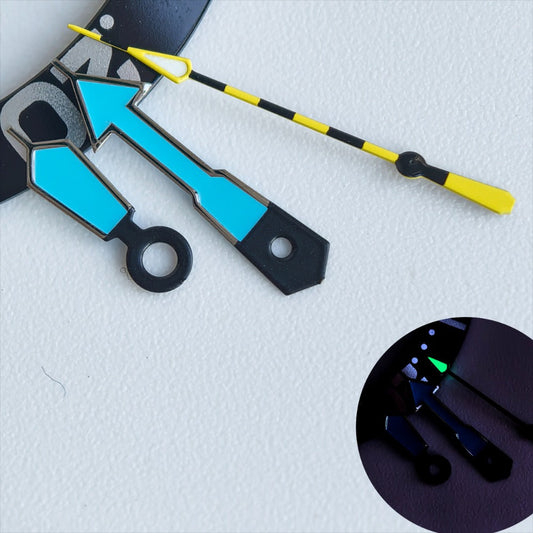 Dark silver trim watch hands with blue paint, yellow second hand, and green lume for NH35/36 movements.