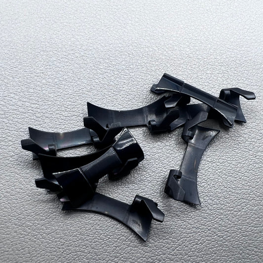 1. Six steel black matte curved end links with spring bars for durable watch band straps.  