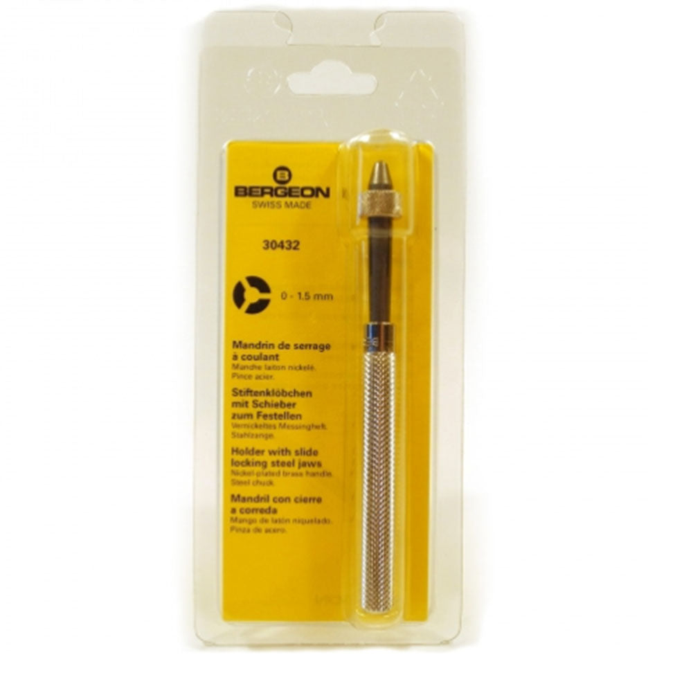 Bergeon 30432 pin vice with slide lock securely holding watchmaker drills and broaches for precision tasks