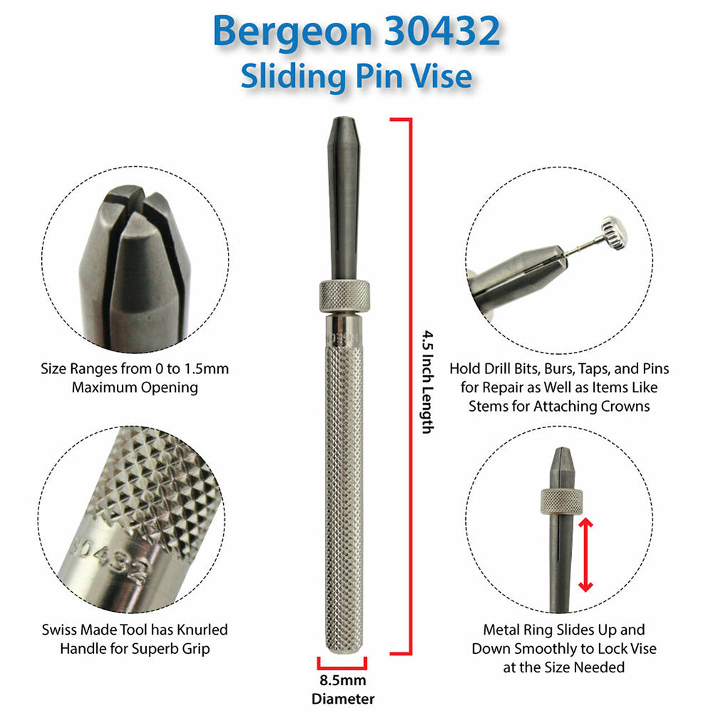 Bergeon 30432 pin vice with slide lock holding watchmaker drills for precise accessory repairs.