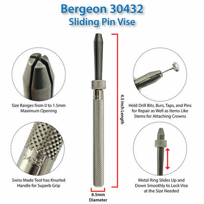 Bergeon 30432 pin vice with slide lock holding watchmaker drills for precise accessory repairs.
