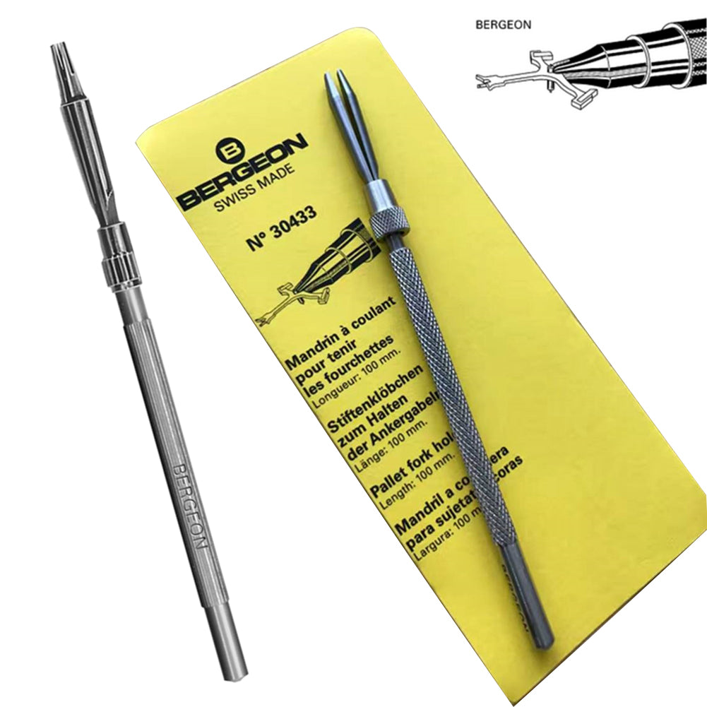 Bergeon 30433 pallet fork holder for precise watchmaker repairs and adjustments.