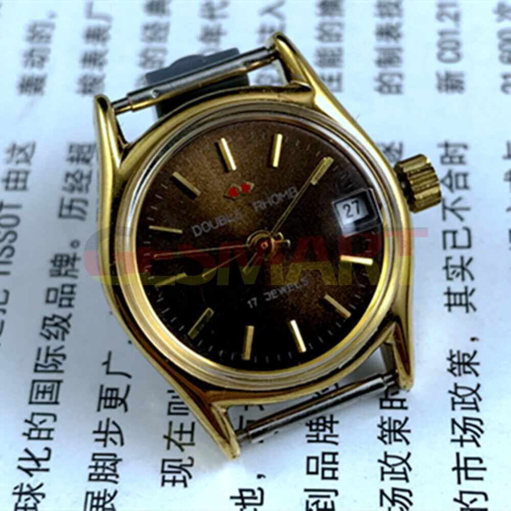 Double Rhomb lady watch with golden coffee dial, manual mechanical movement, elegant single calendar display.