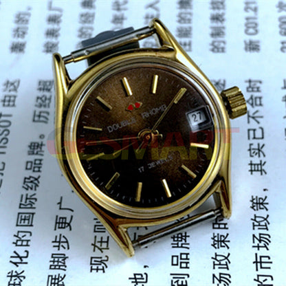 Double Rhomb lady watch with golden coffee dial, manual mechanical movement, elegant single calendar display.