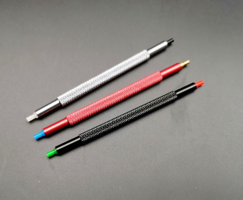 Set of 3 7404 double-headed plastic watch hands tools for precise fitting and pressing.