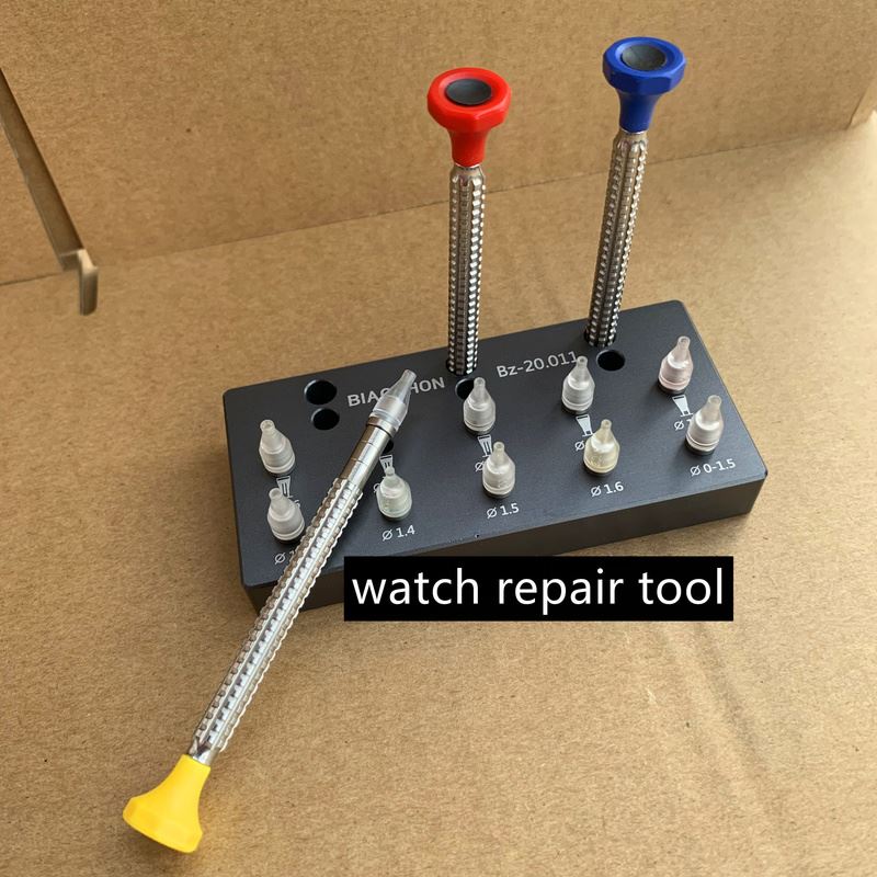Watch hand install tool with 10 replaceable tips for precise watch hand fitting.