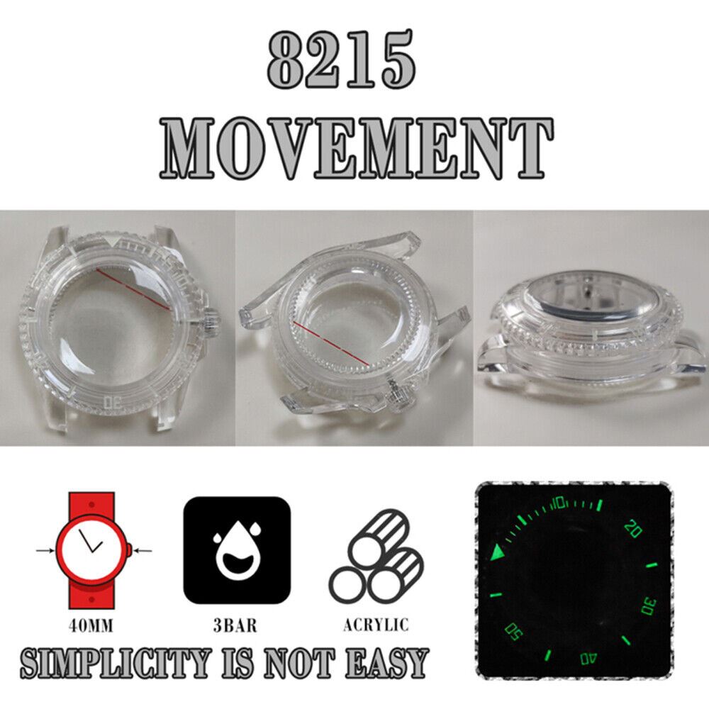 40MM green luminous plastic watch case with acrylic mirror for 8215 8200 821A 2813 movements.
