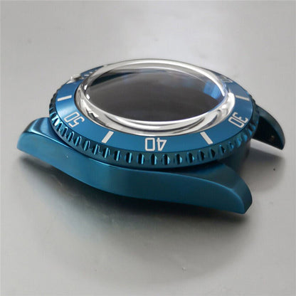 Blue 40mm SUB watch case with stainless steel, synthetic sapphire glass, fits NH35/NH36 movements.