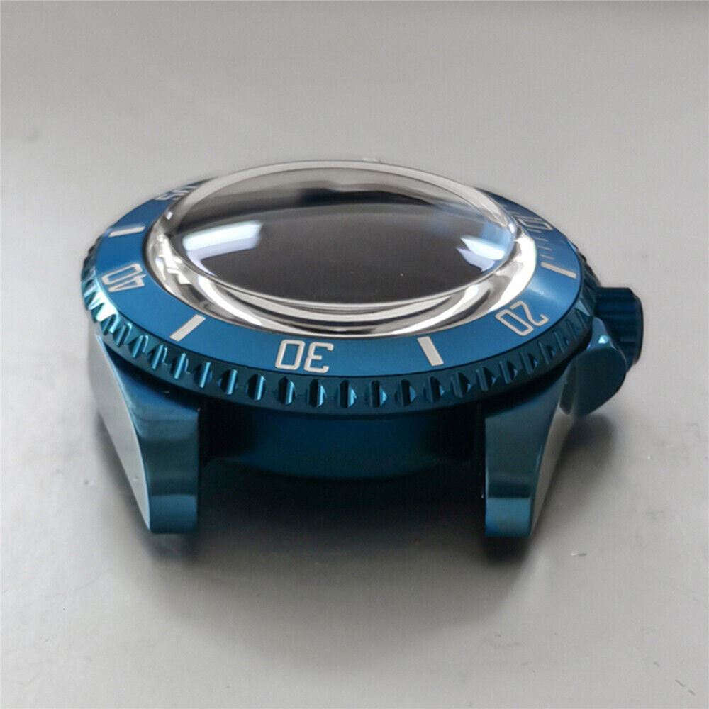 Blue 40MM SUB watch case, stainless steel, synthetic sapphire glass, fits NH35/NH36 movements.