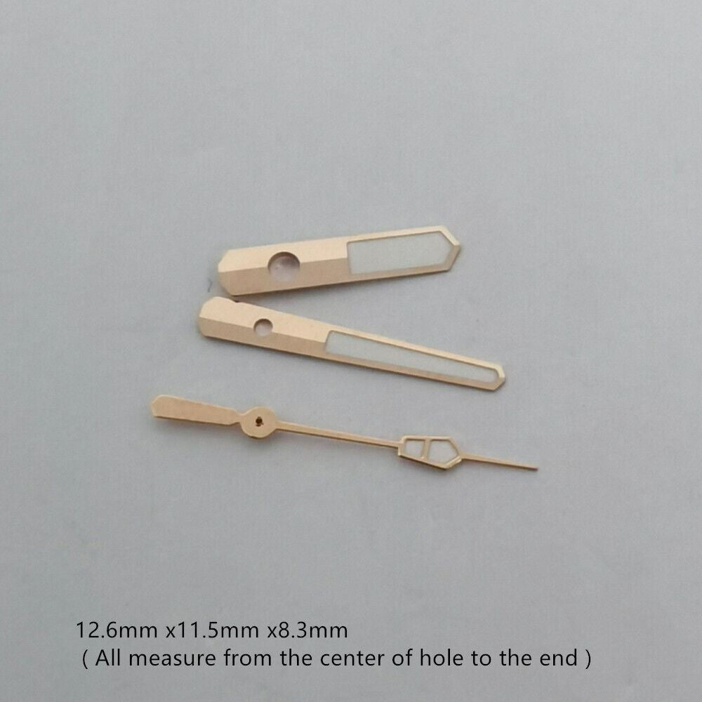 Green luminous watch hands set for NH35 NH36 movement, precision fit measuring 12.6x11.5x8.3mm.