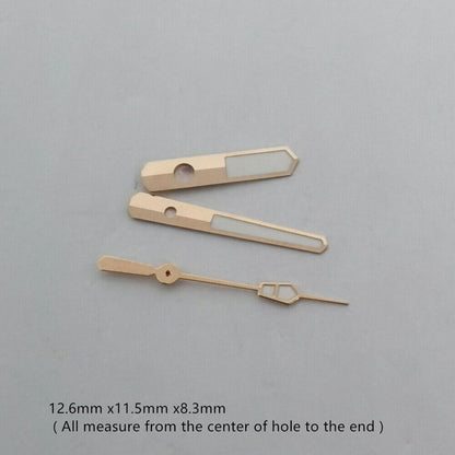 Green luminous watch hands set for NH35 NH36 movement, precision fit measuring 12.6x11.5x8.3mm.