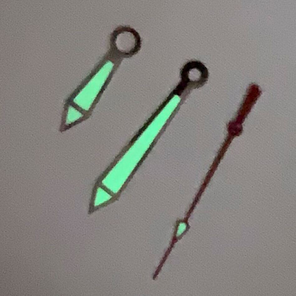 Green luminous watch hands set by B11 brand for NH35A/NH36A/4R36 movement, sizes 8/12.5mm