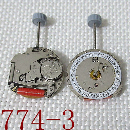 Ronda 774 Quartz watch movement with dual date windows at 3 and 6, Swiss parts for precision repair.