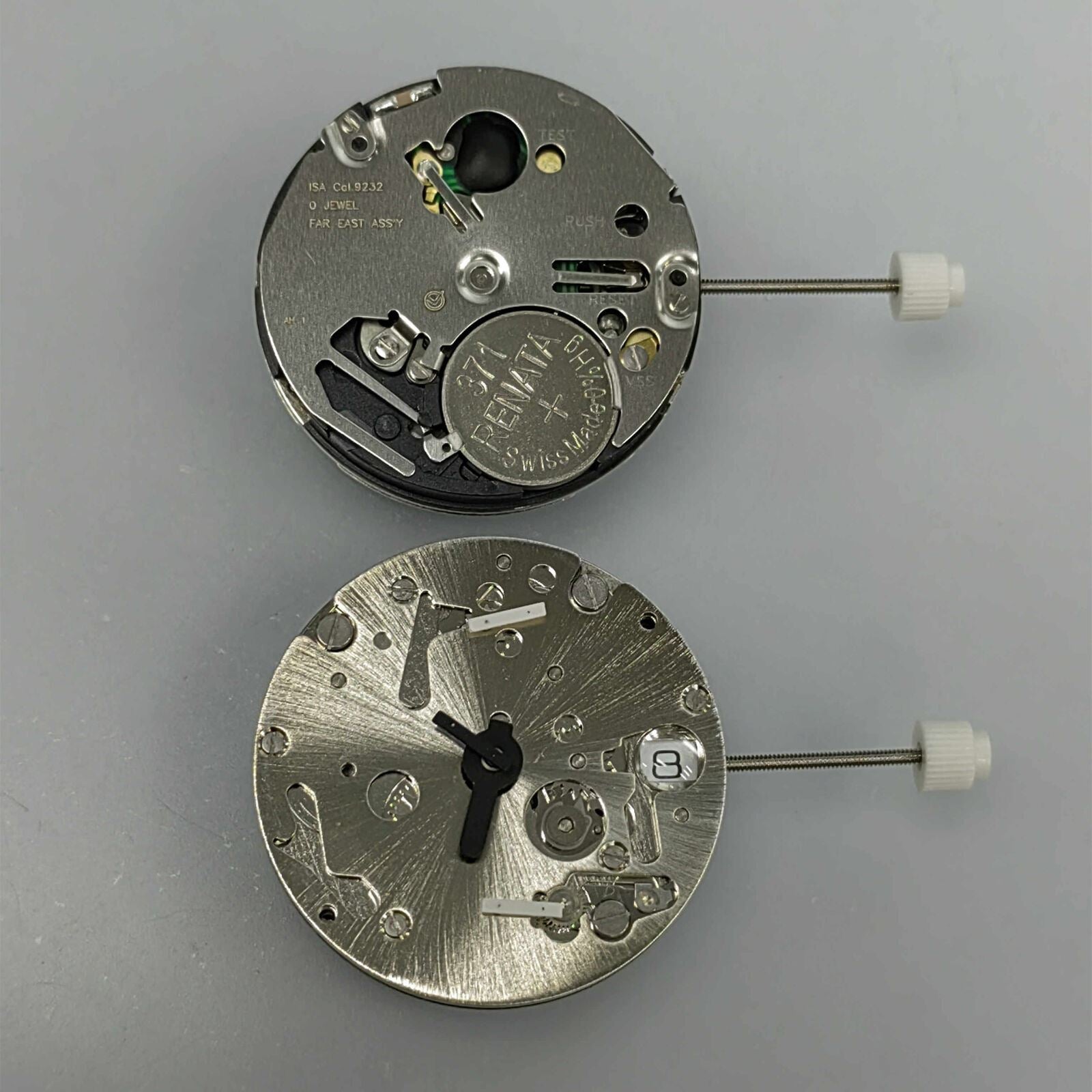 Watchmakers ISA 9232 quartz watch movement with 3 hands and date at 3, repair part by ISA.