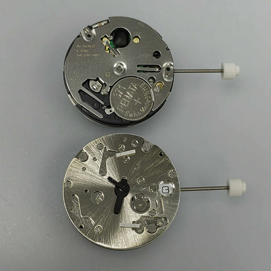 Watchmakers ISA 9232 quartz watch movement with 3 hands and date at 3, repair part by ISA.