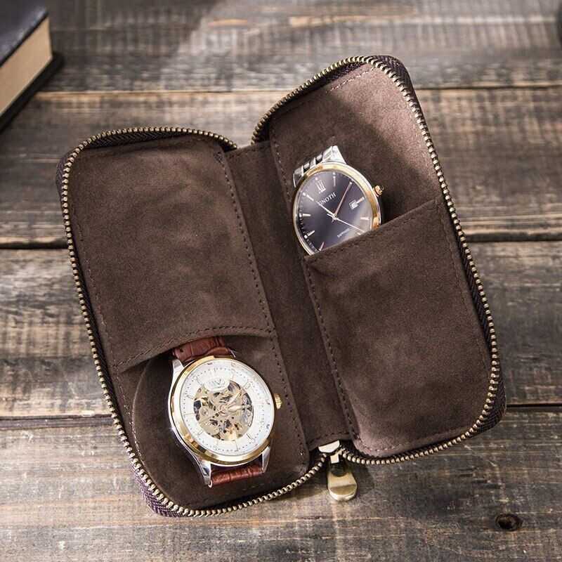 Brown leather 2-slot watch box, luxury portable pouch with zipper for secure watch storage.