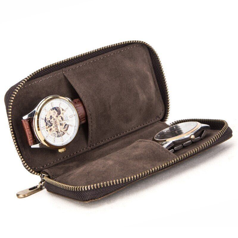 Brown leather 2-slot watch box, portable zipper pouch for secure luxury watch storage.