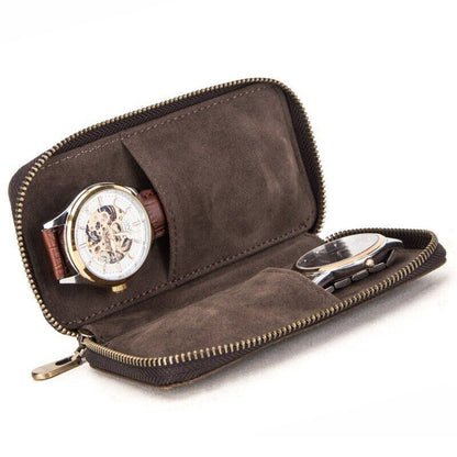 Brown leather 2-slot watch box, portable zipper pouch for secure luxury watch storage.