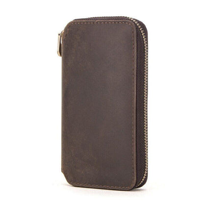 Brown leather 2-slot watch box, luxury portable pouch with zipper for secure watch storage and travel.