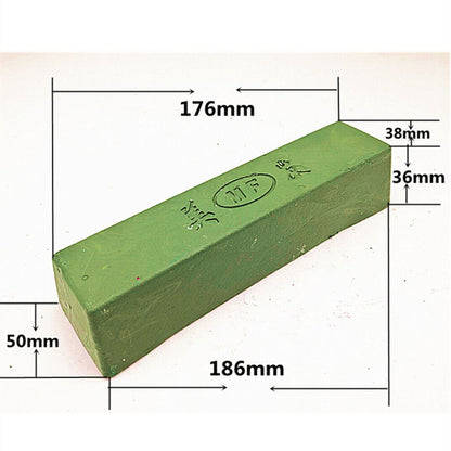 Green stainless steel polishing compound for jewelry and watch repair, enhancing shine and removing tarnish.