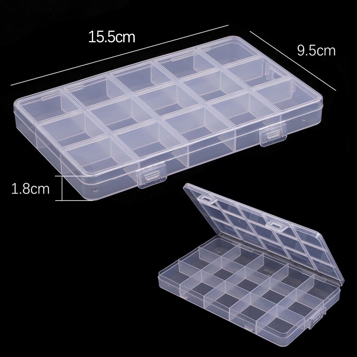 5pcs transparent plastic storage cases with 15 compartments for organizing small accessories.