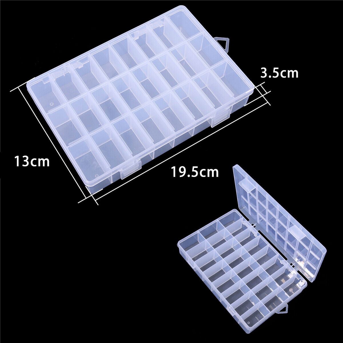 1. Transparent 24-grid plastic organizer with 3x8 compartments for watch accessories storage.  