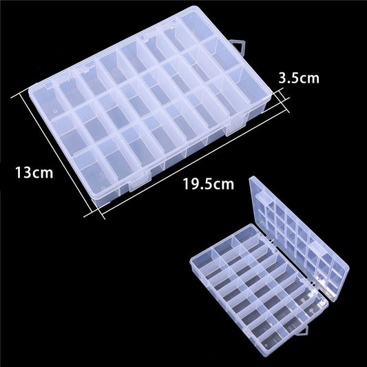 1. Transparent 24-grid plastic organizer with 3x8 compartments for watch accessories storage.  