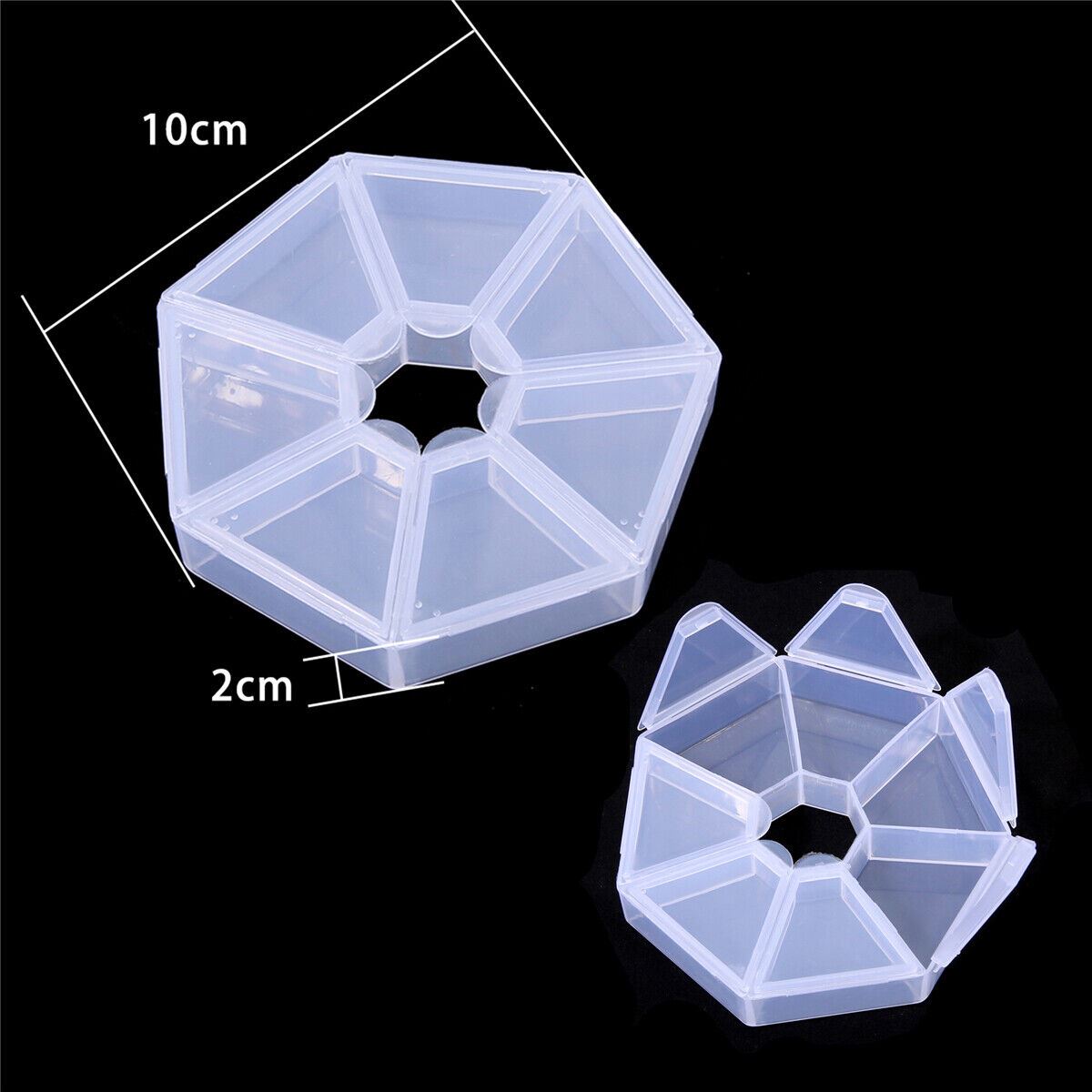 Set of 5 round transparent plastic storage containers with 7 compartments for organizing small items.