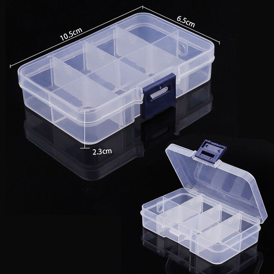 Set of 5 transparent 8-grid plastic storage cases for organizing small items efficiently.
