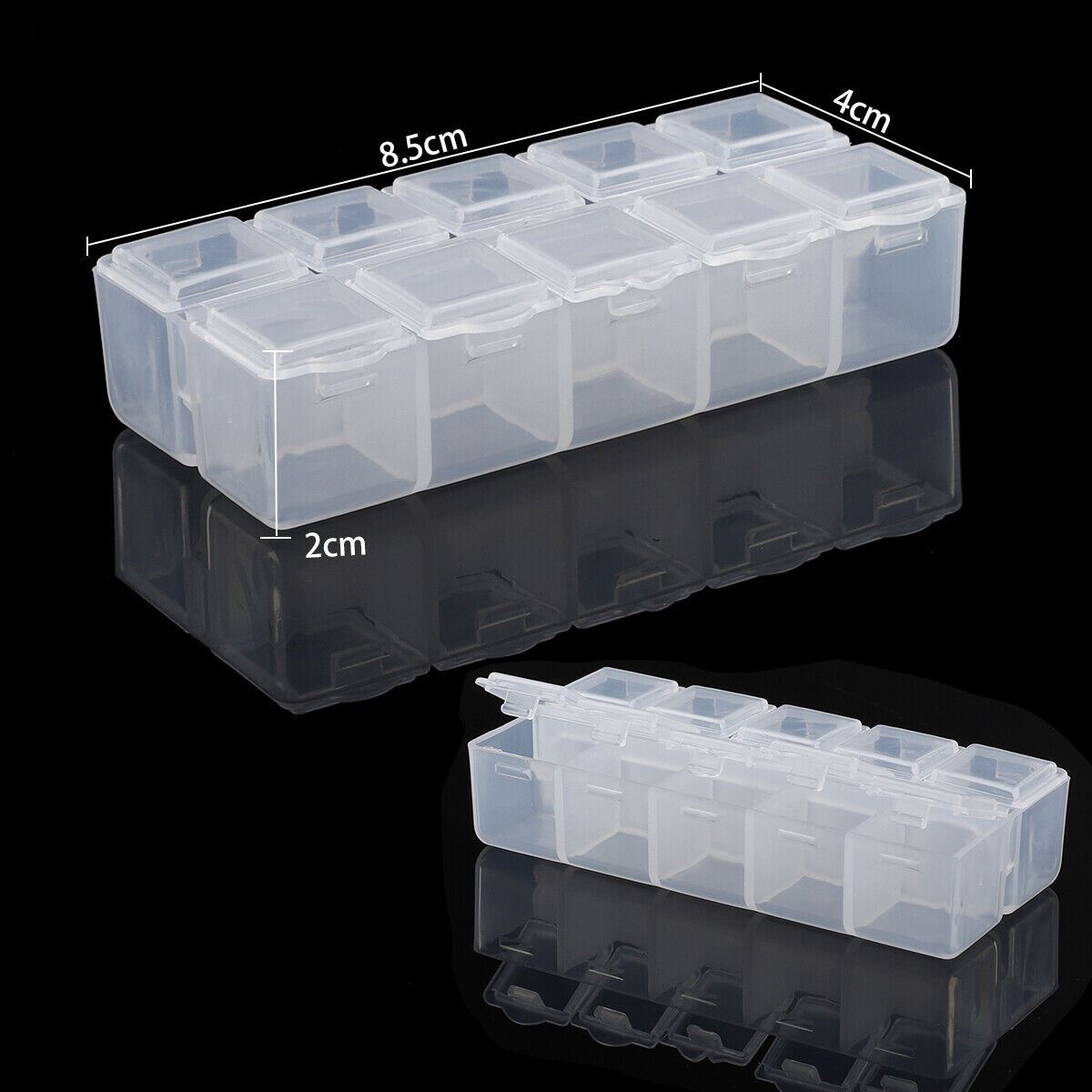 Set of 5 transparent plastic storage containers with 10 compartments each for organizing small items.