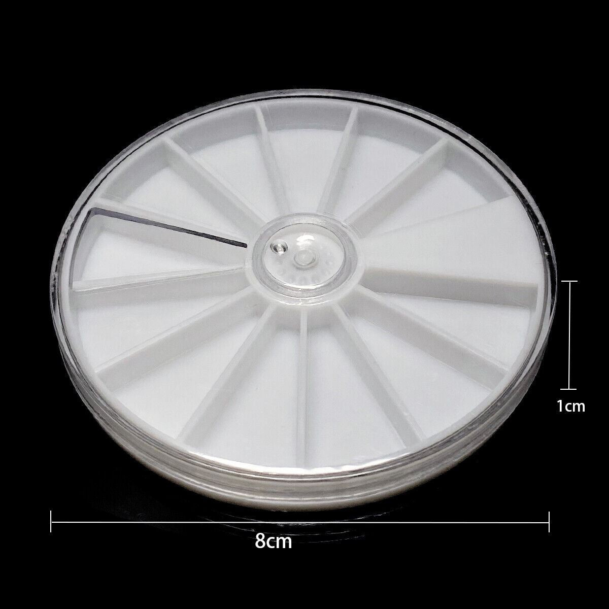 Set of 5 round 12-grid transparent PP storage containers for organizing small watch accessories.