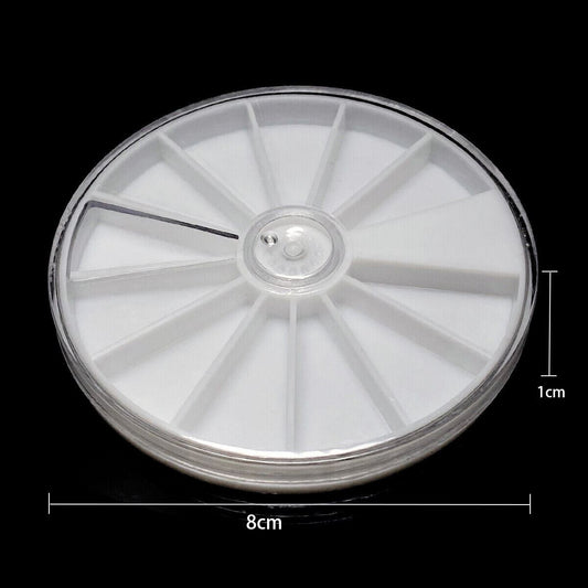 Set of 5 round 12-grid transparent PP storage containers for organizing small watch accessories.