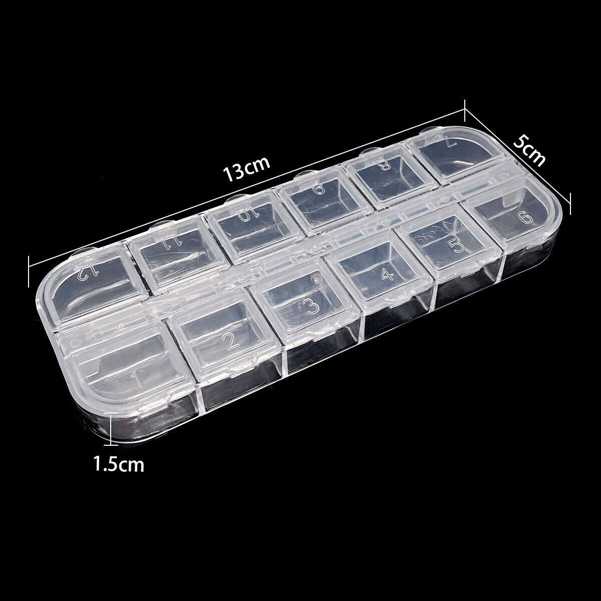 1. Transparent plastic storage case with 12 compartments for organizing small watch accessories.  