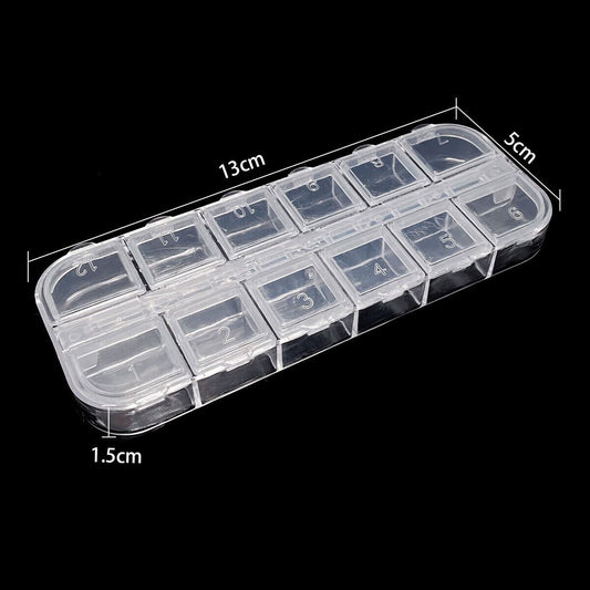 1. Transparent plastic storage case with 12 compartments for organizing small watch accessories.  