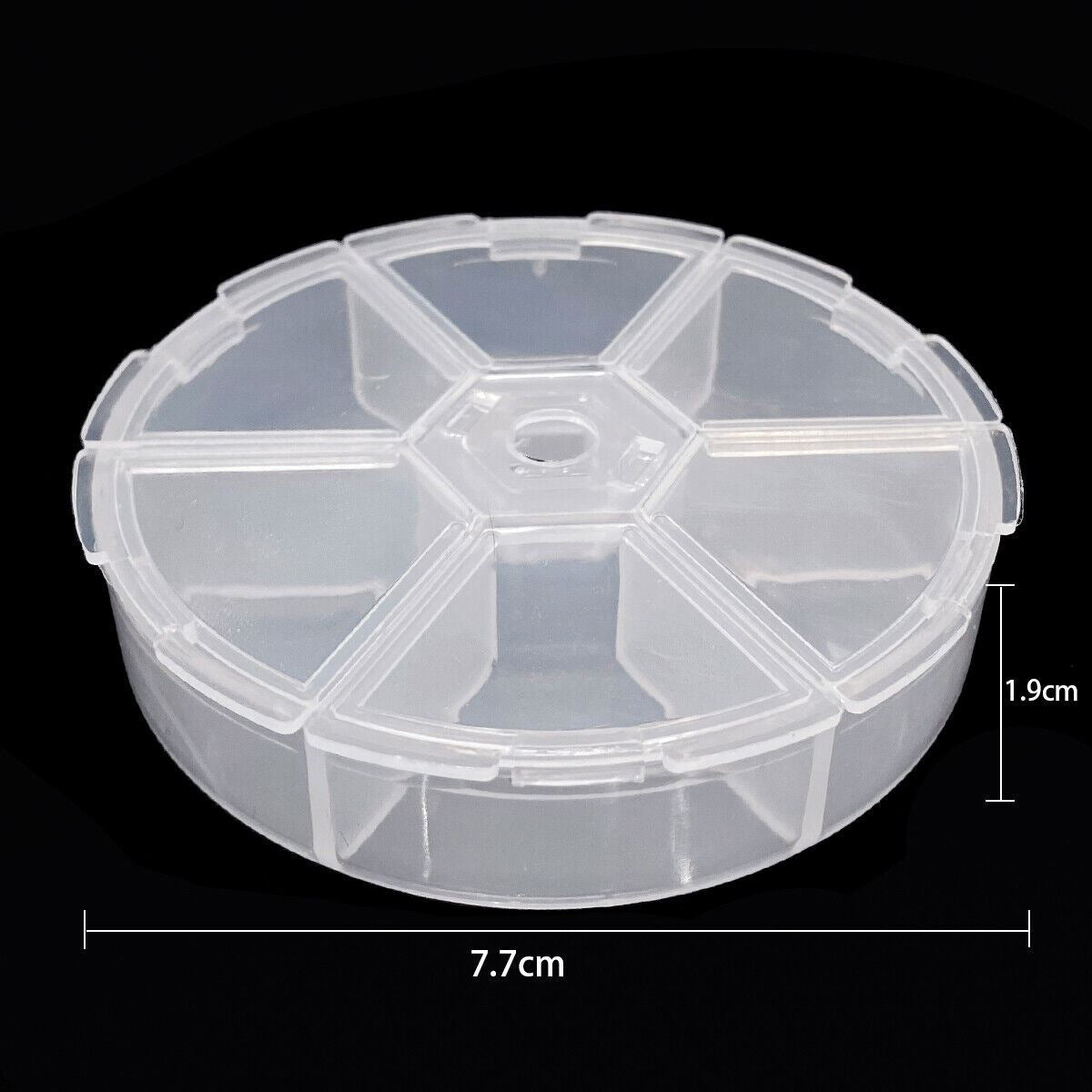 Set of 5 transparent plastic storage cases with 6 round compartments and secure lids for organizing small watch accessories.