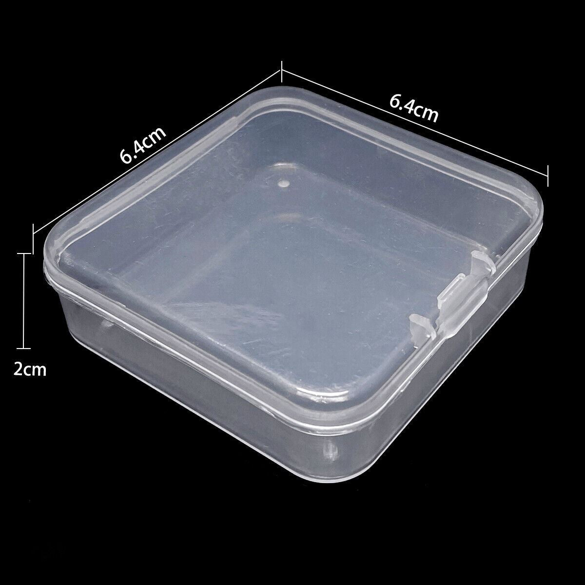 1. Transparent plastic storage case with 5 small rectangular compartments, ideal for organizing small items.  