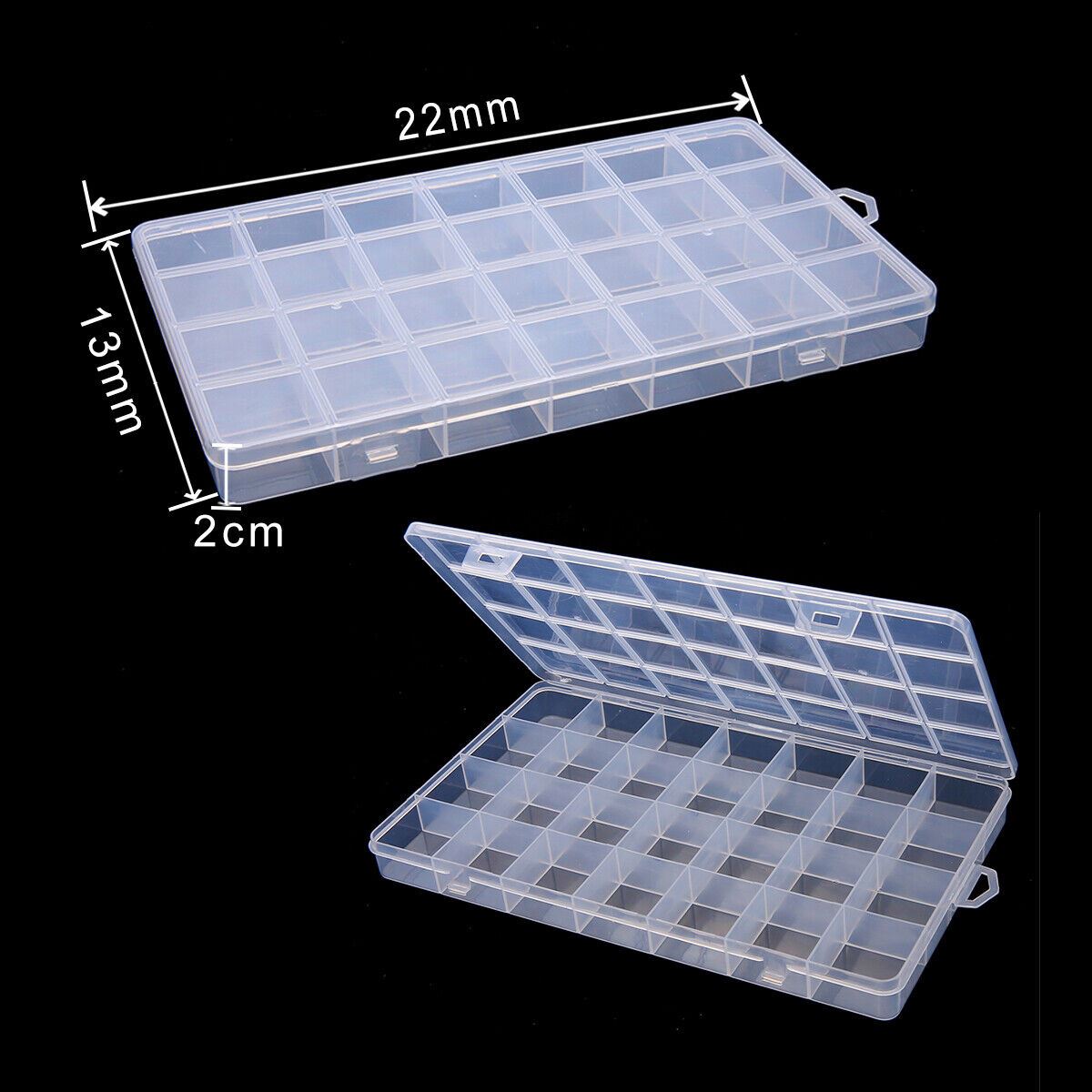 Set of 5 transparent 28-grid plastic storage containers for organizing small accessories and watch parts.