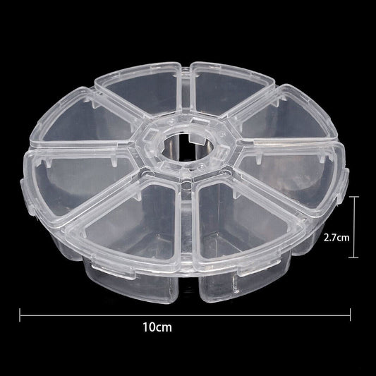 1. Round transparent storage case with 8 grids for organizing small watch accessories.  