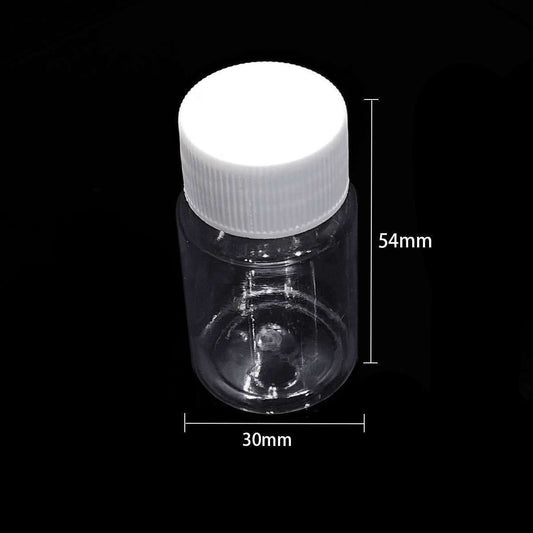 Set of 10 transparent 20ml plastic bottles with lids for storage and organizing small items.
