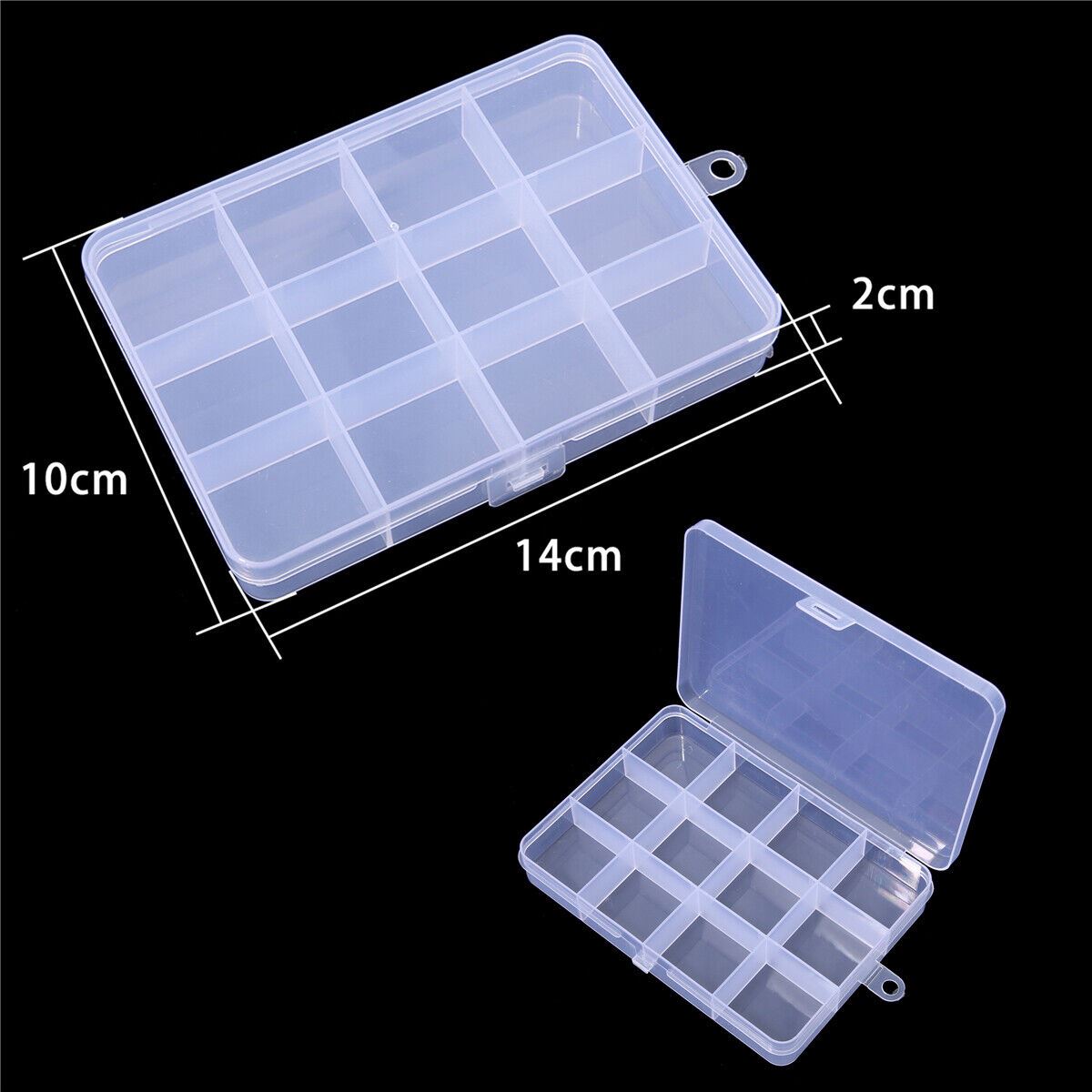 1. 5pcs transparent plastic storage cases with 12 grid compartments for organizing small items.  