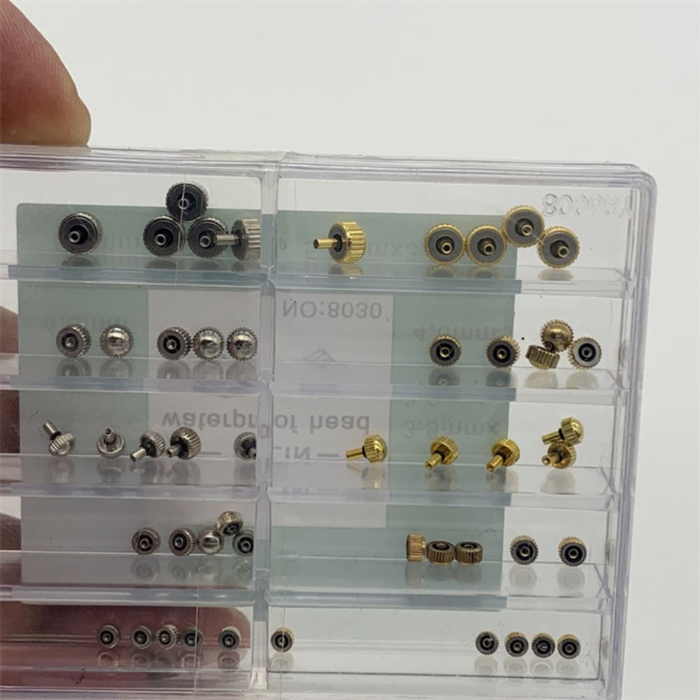 Stainless steel waterproof watch crowns assortment for precise watch repair tasks.